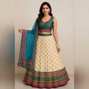 Teal & White Embroidered Lehenga Set – Size Small (US 4)